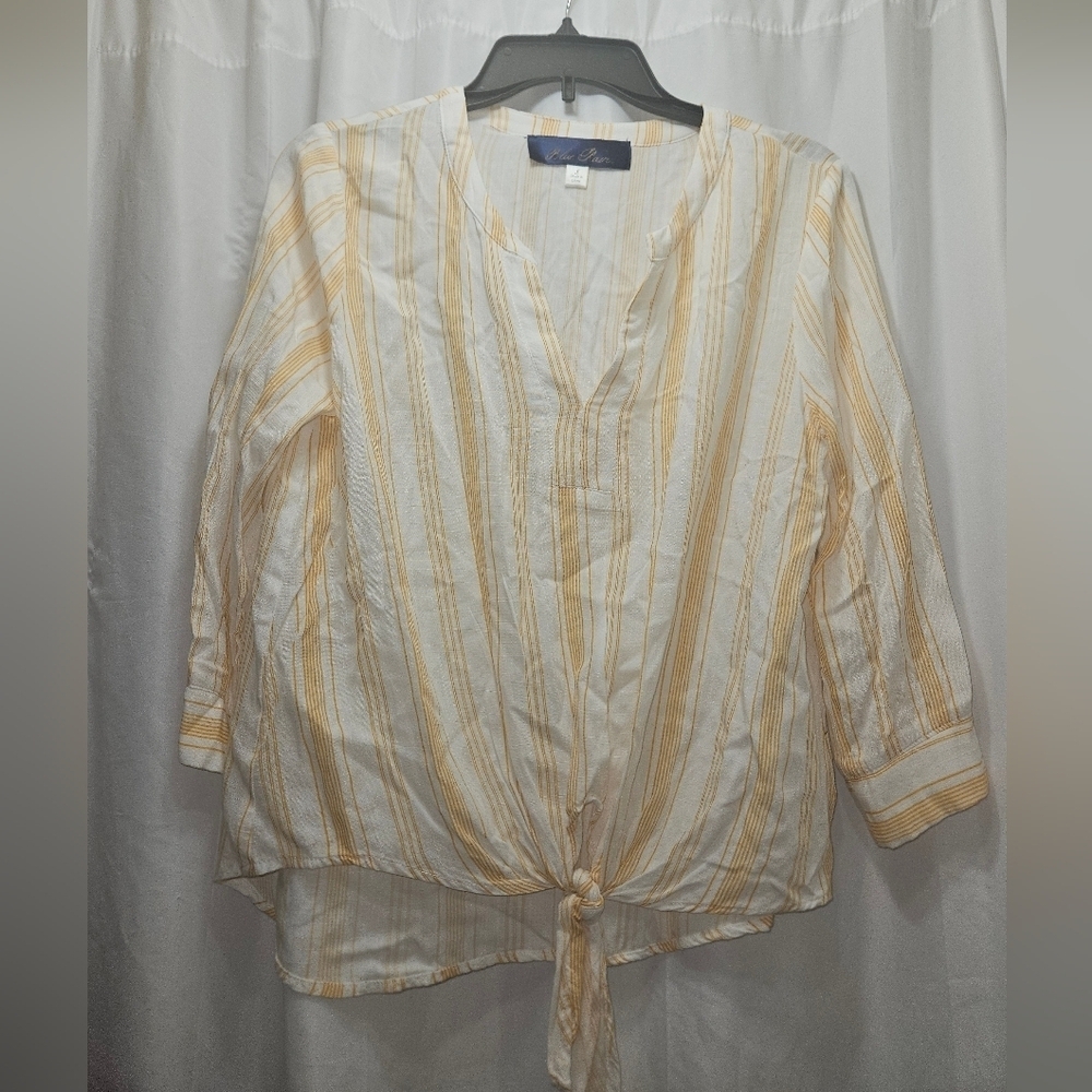 Blue Rain Women's Top White Yellow Striped 3/4 Sleeve Tie-Front Blouse!